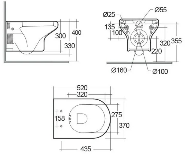 Set di Sanitari sospesi con WC + Bidet + Copriwater tradizionale, interasse 23