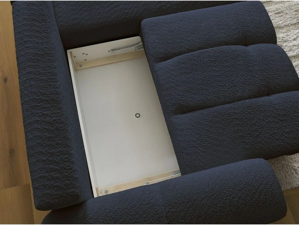 Divano angolare blu allungabile/con contenitore (con penisola a destra/con chaise lounge) con rivestimento in bouclé Roxelane – Bobochic Paris