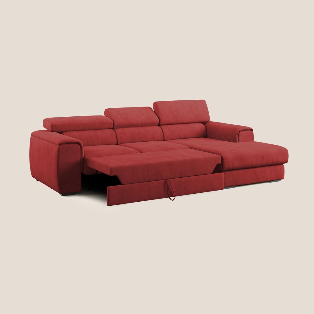 Zeno Divano angolare con pouf estraibile poggiapiedi in tessuto morbido impermeabile T02 rosso