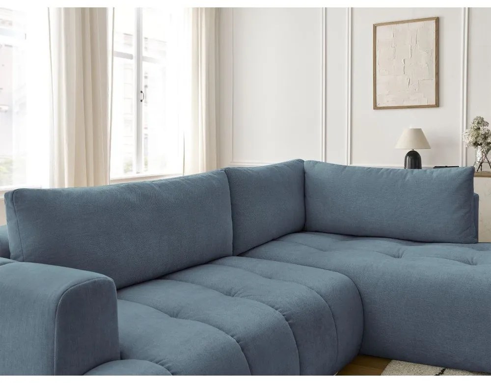 Divano angolare blu allungabile e con contenitore (penisola a destra/a L) con rivestimento in ciniglia Fuji – Bobochic Paris