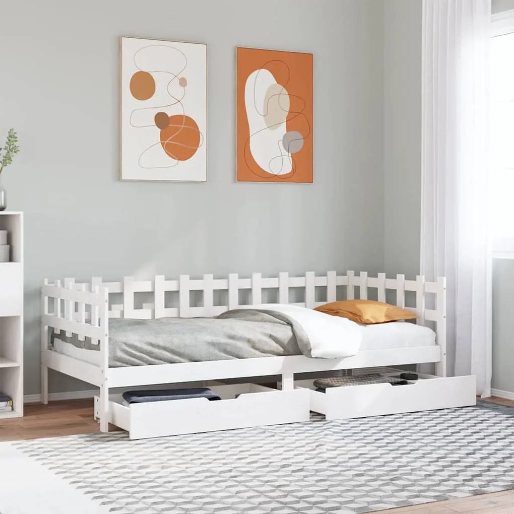 Dormeuse Con Cassetti Bianco 90x200 Cm Legno Massello Di Pino /
