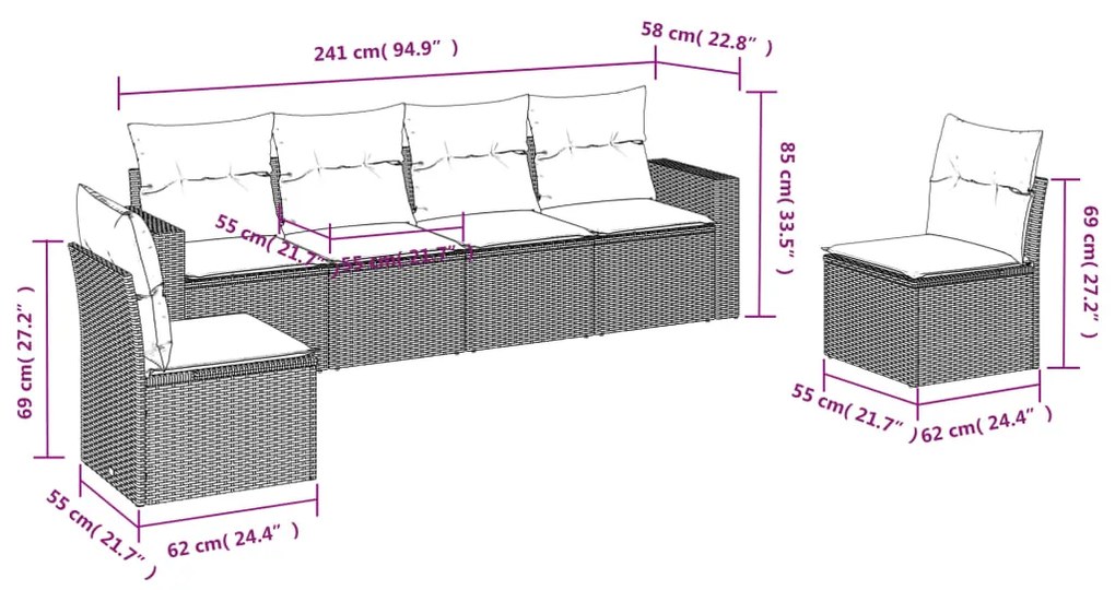 Set divano da giardino 6 pz con cuscini grigio in polyrattan