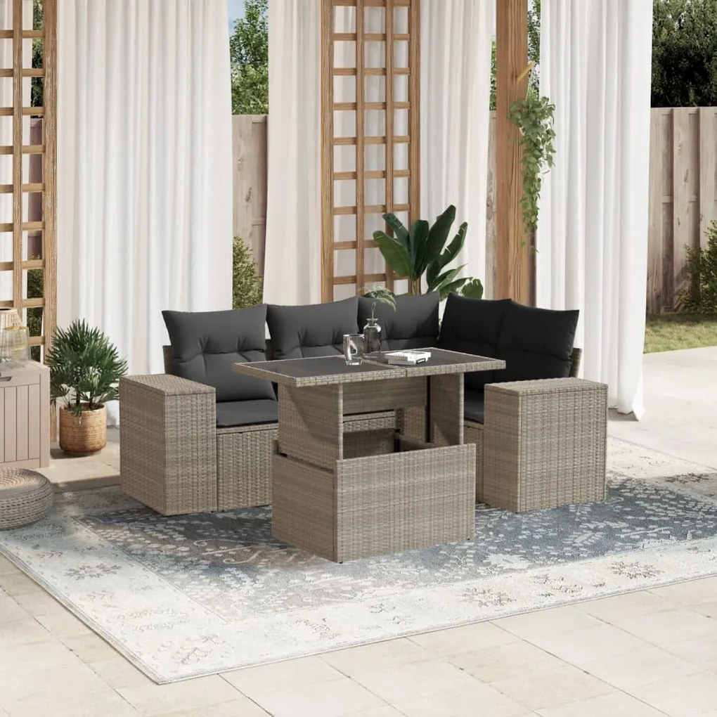 Set divano da giardino 5pz con cuscini grigio chiaro polyrattan