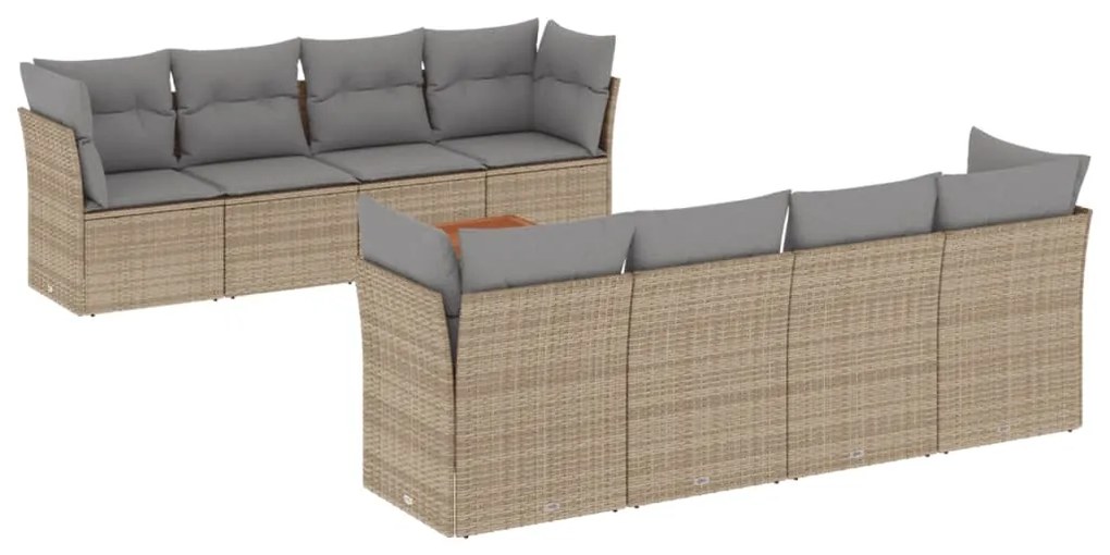 Set divano da giardino 9 pz con cuscini beige in polyrattan