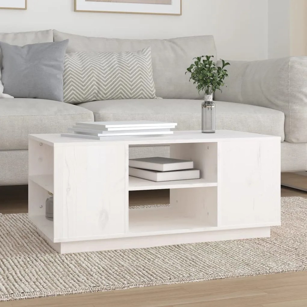 Tavolino Da Salotto Bianco 90x49x40,5 Cm Legno Massello Di Pino /