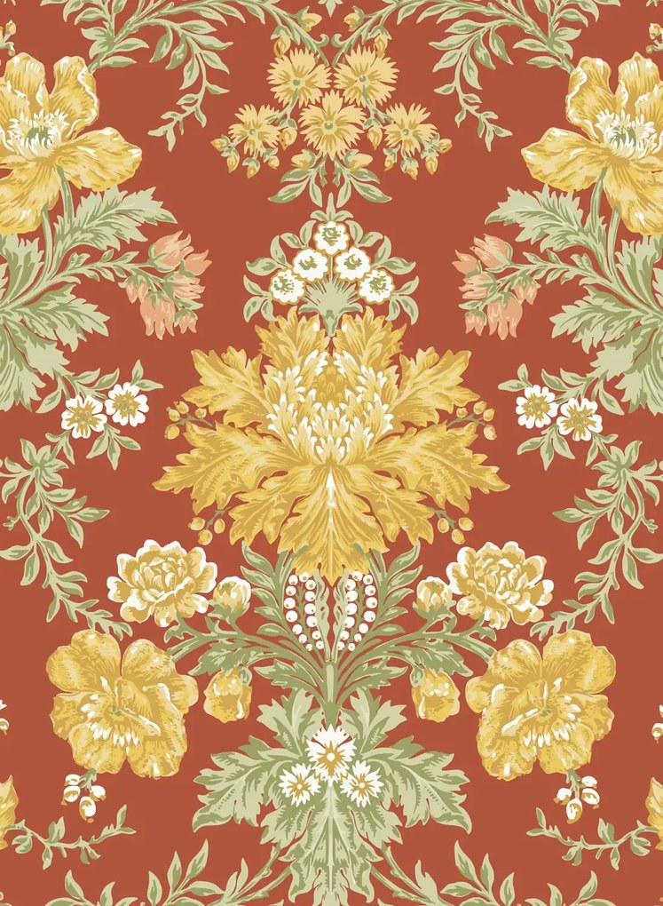 Cole & Son Carta da parati Poppies - Soft Yellow/ Cream and Spring Green on Terracotta