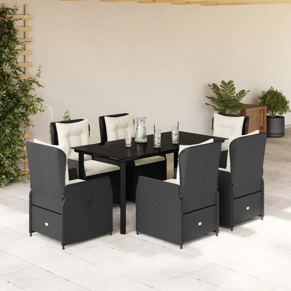 Set da pranzo da giardino 7 pz nero con cuscini in polyrattan