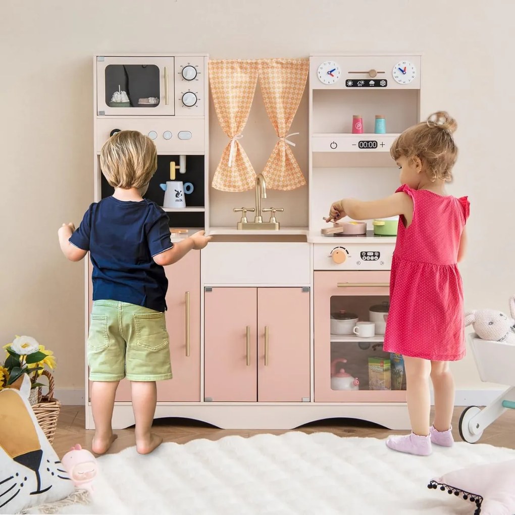 Costway Set da cucina per bambini con microonde macchina del caffè, Cucina giocattolo in legno per piccoli chef 3+ anni 2 Colori