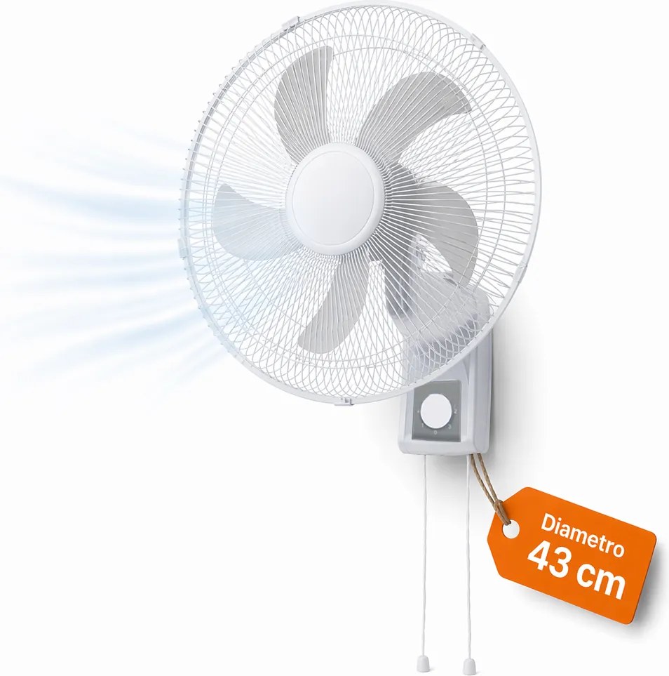 Ventilatore da Muro Ø43 cm 65W Raffrescatore Silenzioso 3 Velocità a Parete Bianco...