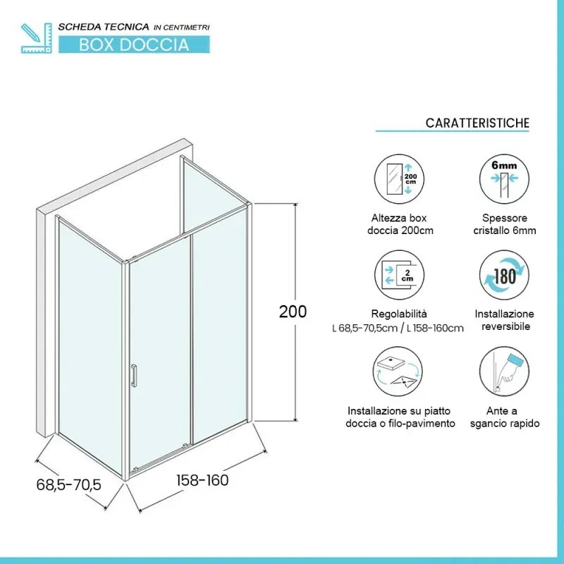 Box doccia 3 lati 70x160x70 cm con porta scorrevole in vetro trasparente Ted