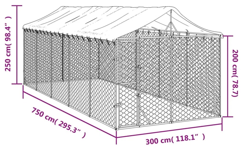 Cuccia cani da esterno tetto argento 3x7,5x2,5m acciaio zincato