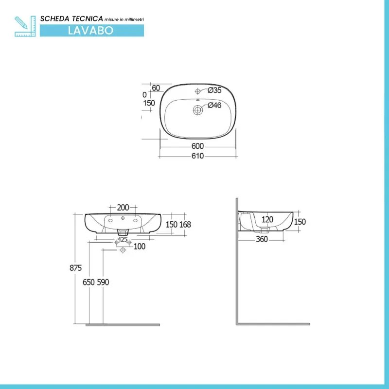 Lavabo ovale 60 cm d'appoggio bianco in ceramica Rak Illusion