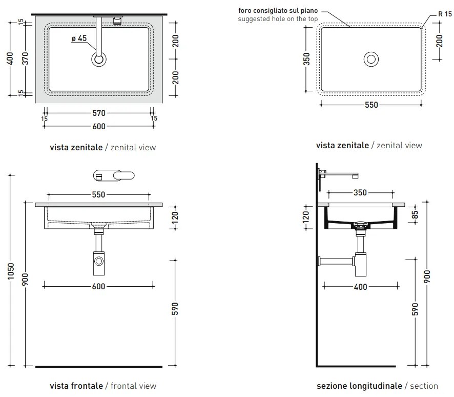 Ceramica Flaminia Miniwash 60 Lavabo sottopiano 60x35 senza troppopieno in ceramica bianco