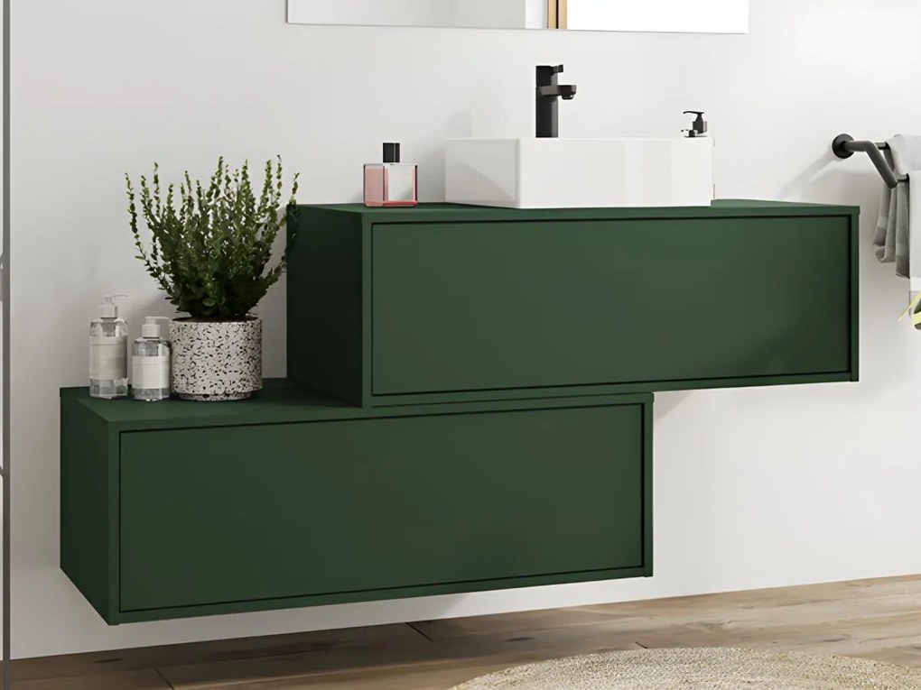 Mobile per bagno sospeso con lavabo singolo e due cassetti 94 cm Verde opaco - TEANA II
