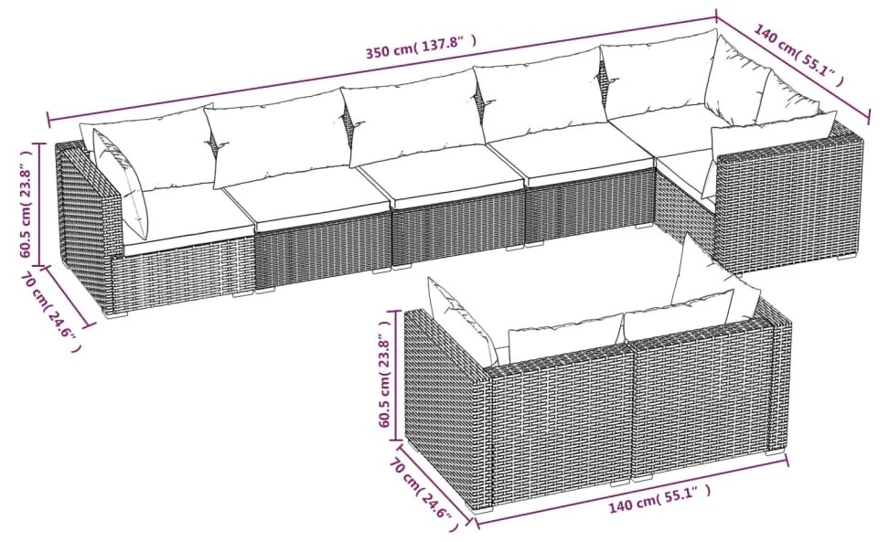 Set divani da giardino 8 pz con cuscini in polyrattan marrone