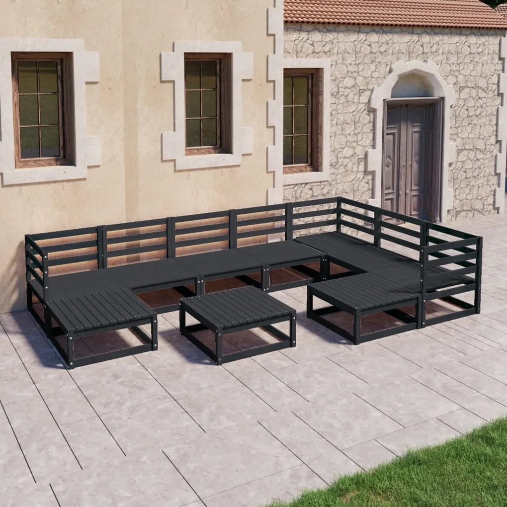 Set divani da giardino 10 pz nero in legno massello di pino