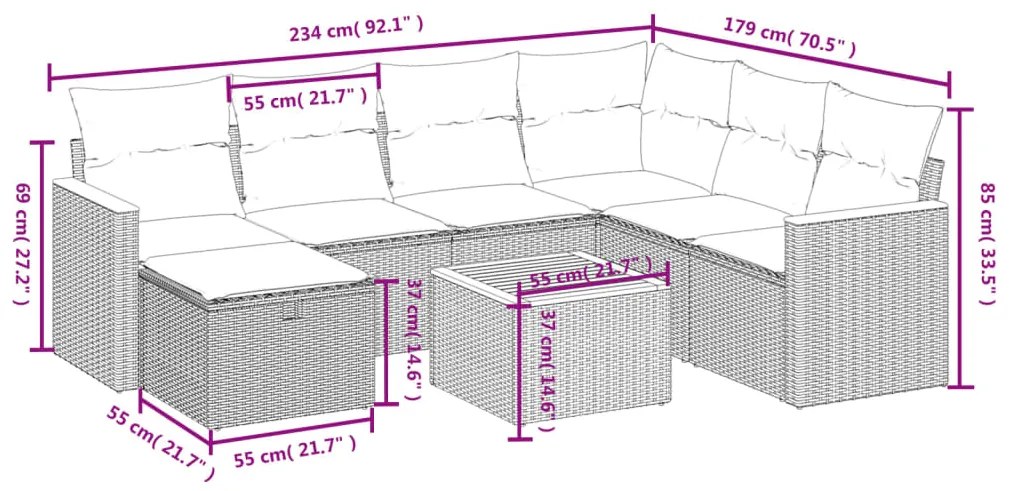 Set divano da giardino 8 pz con cuscini grigio in polyrattan