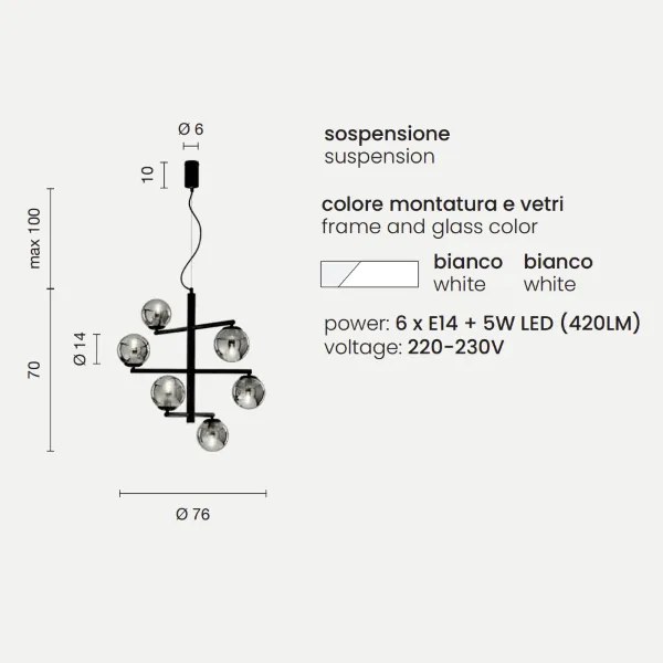 Lampada a sospensione GIZAH a 6 luci in metallo con diffusori in vetro soffiato BIANCO