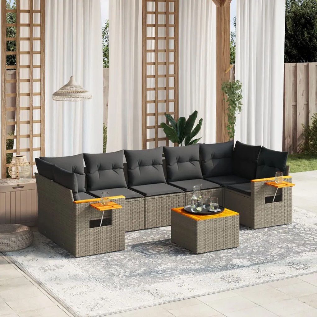 Set divano da giardino 8 pz con cuscini grigio in polyrattan