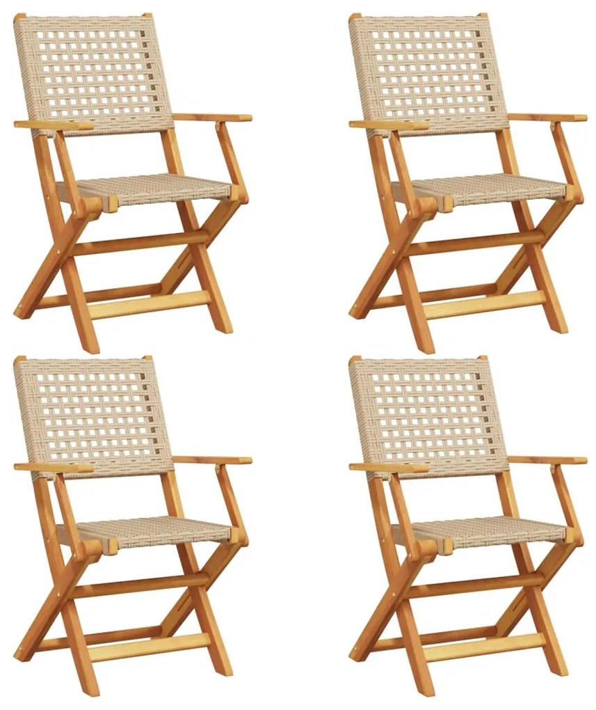 Sedie giardino pieghevoli 4pz beige polyrattan e legno massello