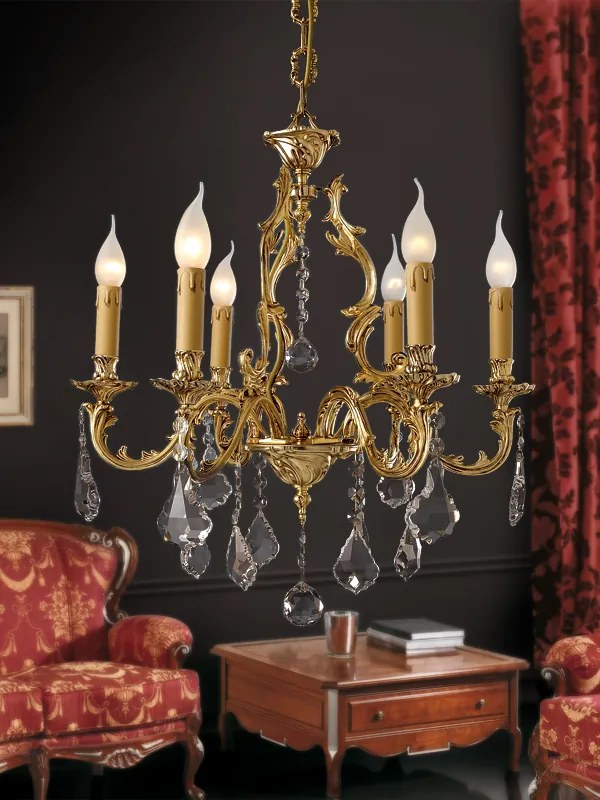 Lampadario 6 luci in fusione artistica di ottone - 12.678/6 - Gold Light and Crystal - Arredoluce Oro anticato 24 kt