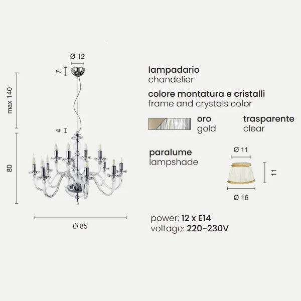 Lampada a sospensione D85 cm BACH con paralume in vetro trasparente 12 LUCI ORO