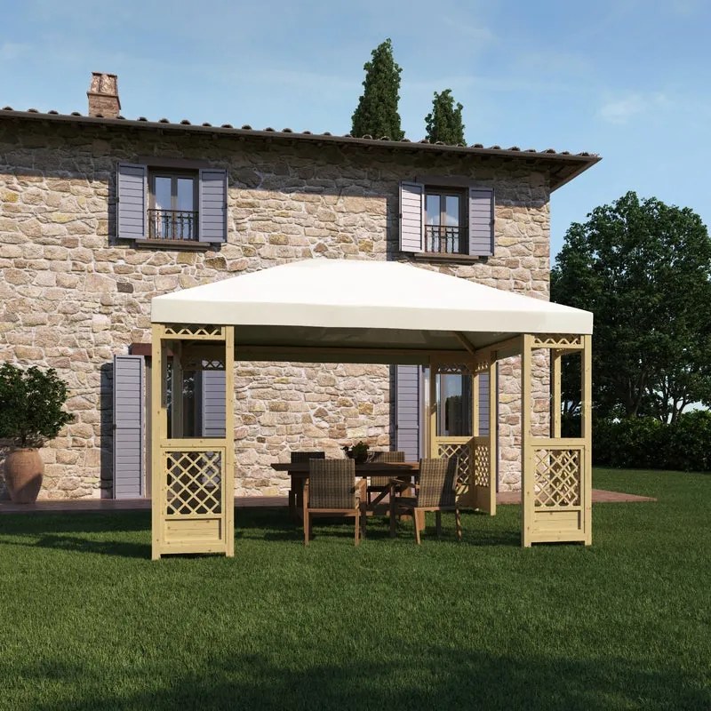 Gazebo Fuji in legno struttura beige, copertura bianco L 414 x P 314 x H 308 cm