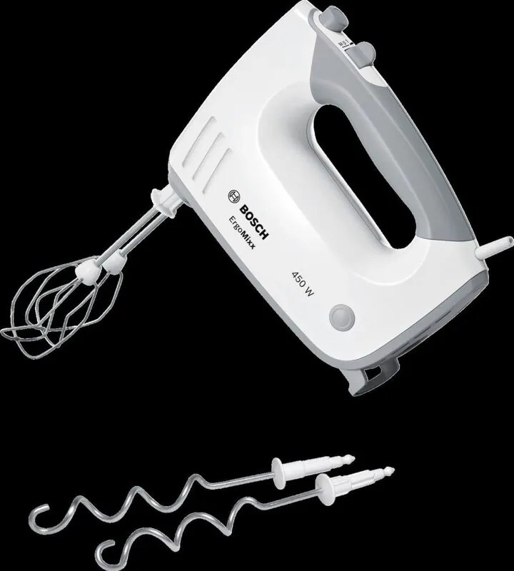 Bosch - Frullatore ErgoMixx 450 w MFQ36400 bianco/grigio - 5 velocità+turbo - 2 fruste in acciaio inox - 2 ganci impastatori in acciaio inox -