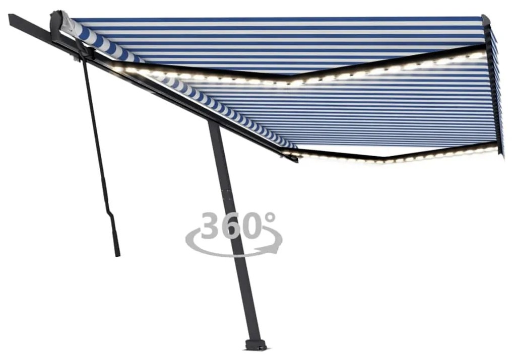 Tenda Da Sole Retrattile Manuale Con Led 500x300cm Blu E Bianca /