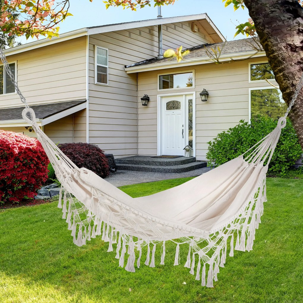 Amaca da Giardino Sospesa 288x150 cm in Tela con Frange Stile Boho Crema...