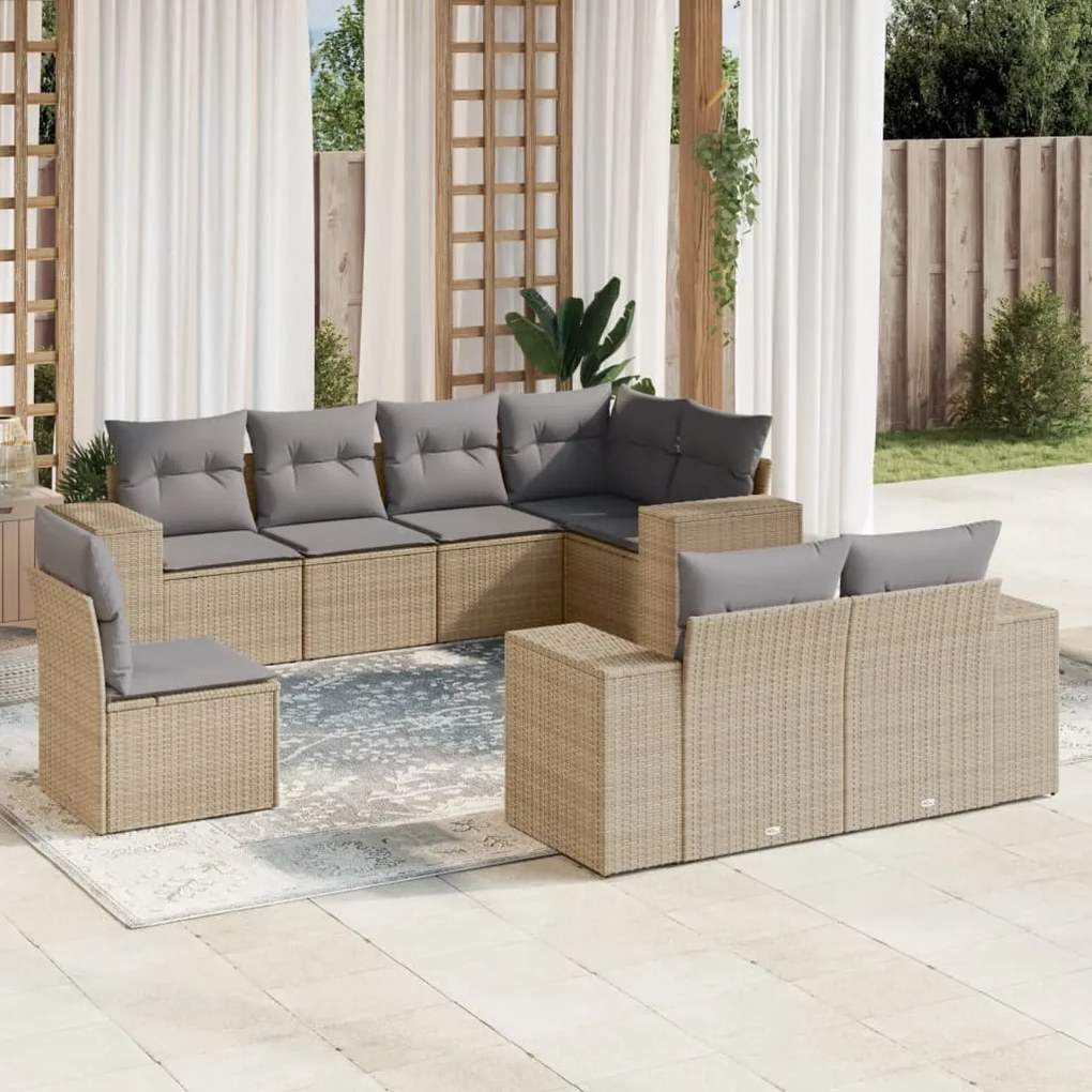 Set divano da giardino 8 pz con cuscini beige in polyrattan