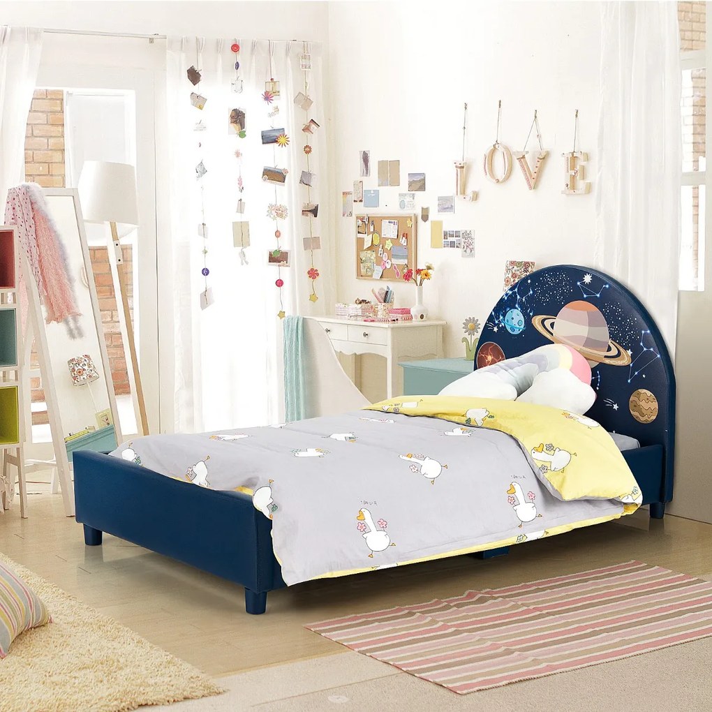 Costway Piattaforma letto con tema galassia per bambini 2-6 anni, Letto morbido con gambe regolabili 153x77x70cm Blu