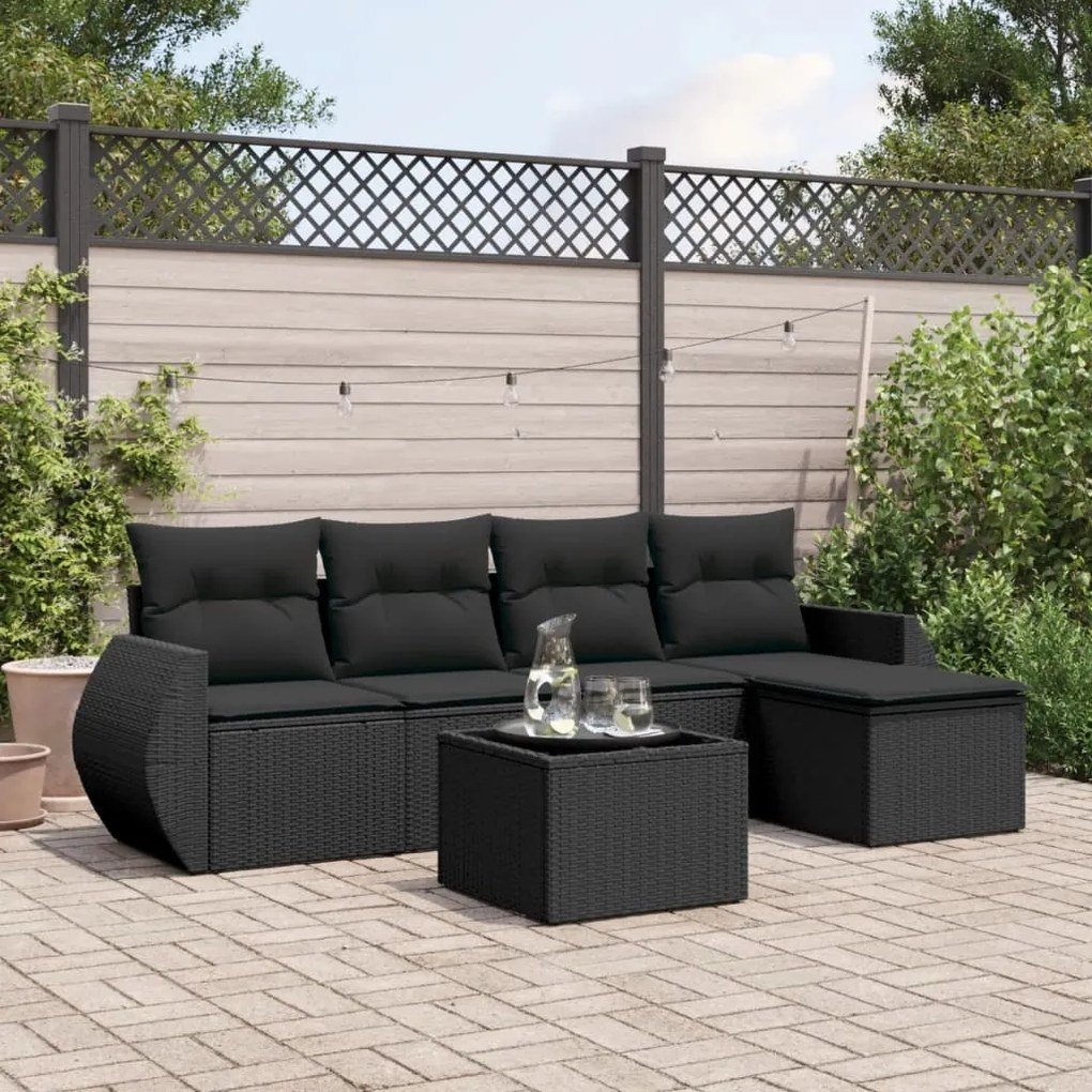 Set divano da giardino 6 pz con cuscini nero in polyrattan