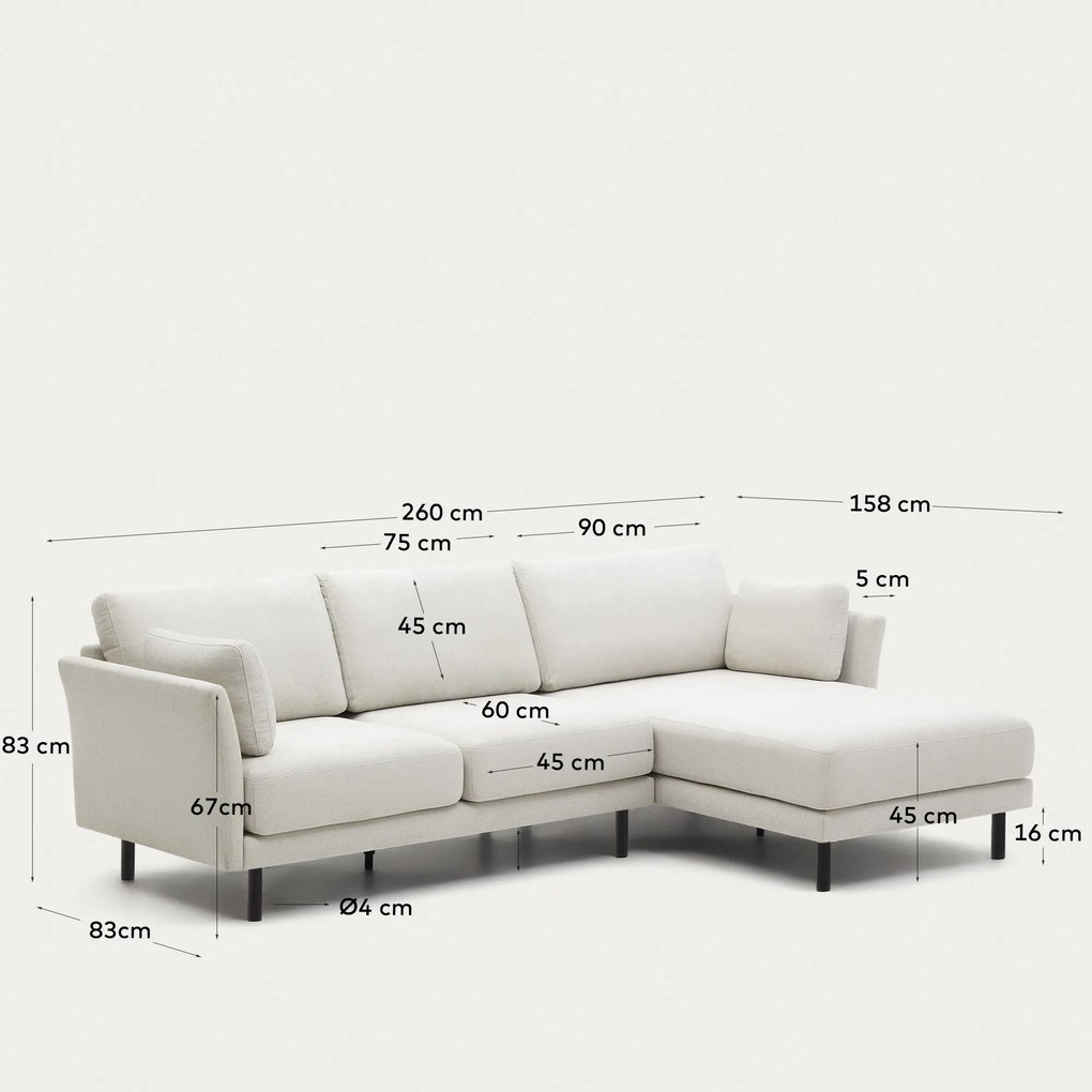 Kave Home - Divano 3 posti Gilma tessuto perla chaise longue destra/sinistra e piedi neri 261 cm