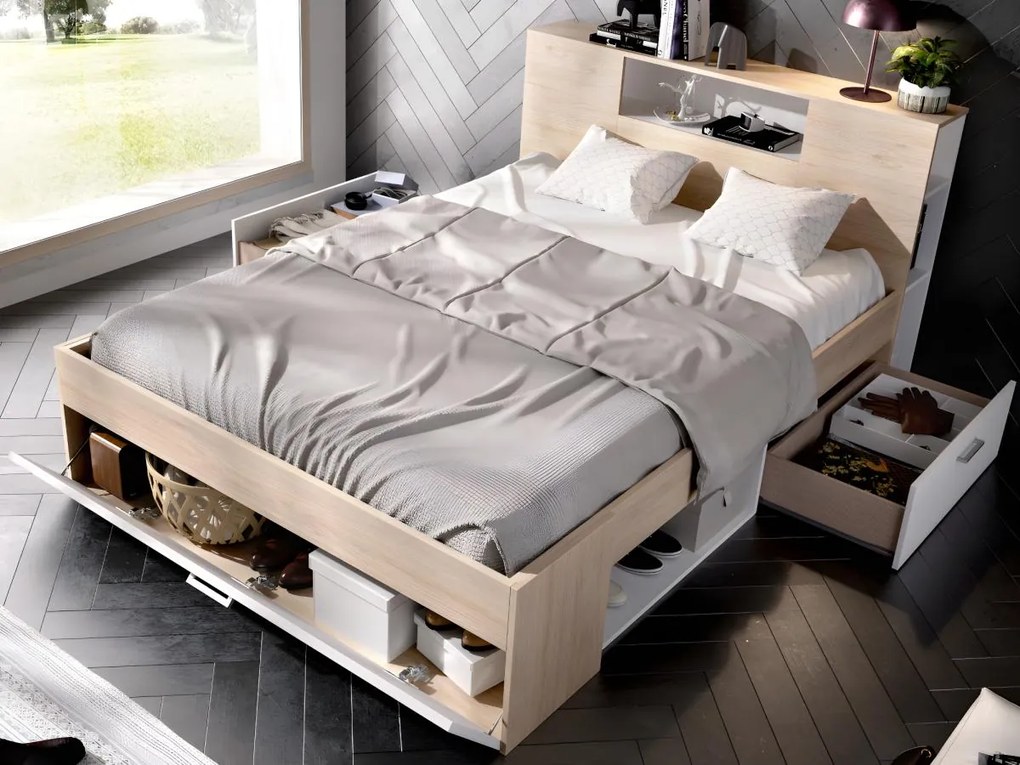 Letto con testata, vani portaoggetti e cassetti 160 x 200 cm Bianco e Naturale - LEANDRE