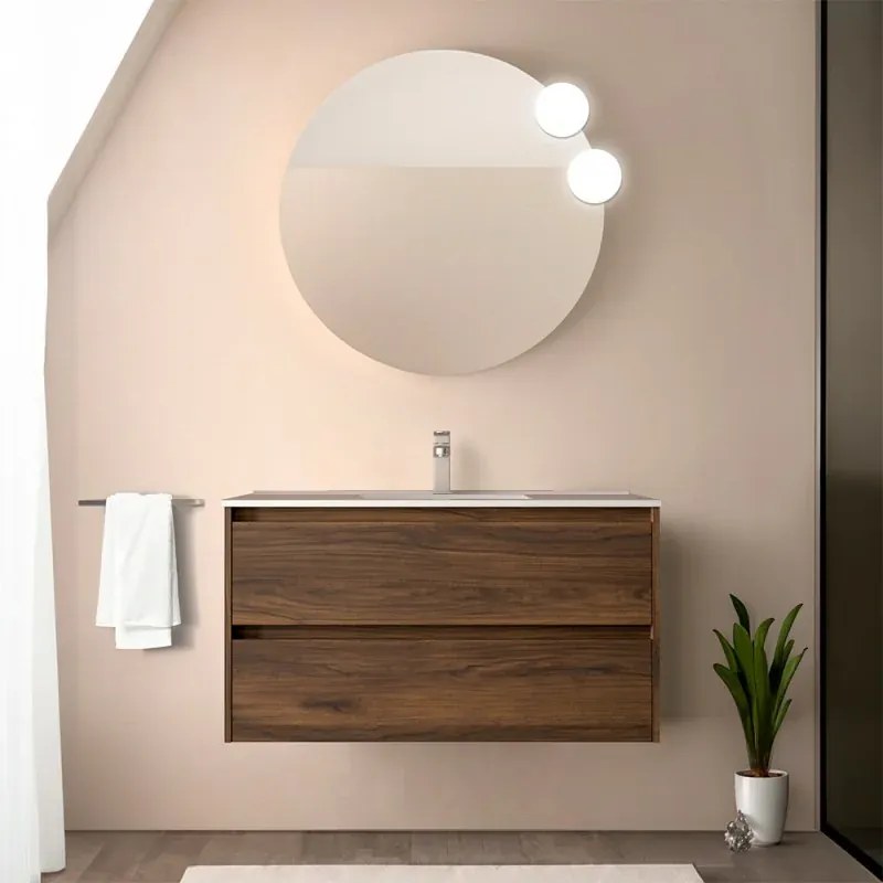 Mobile bagno sospeso 90 cm noce maya con specchio e lavabo Gaya