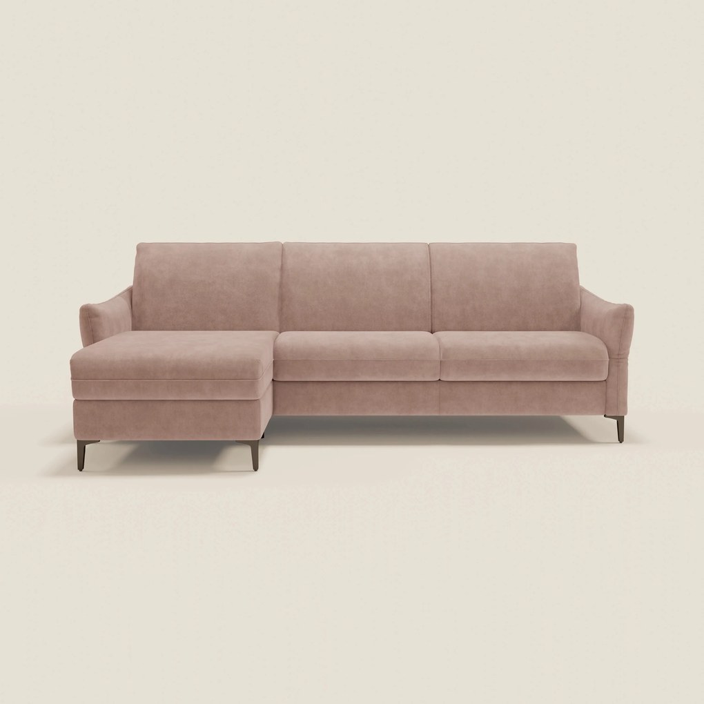 Dalia divano letto angolare con materasso alto 18 cm piedini alti e penisola contenitore in tessuto smacchiabile T17 rosa