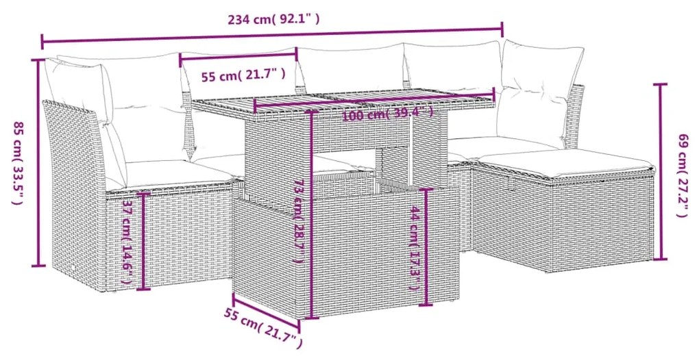 Set divano da giardino 6 pz con cuscini nero in polyrattan