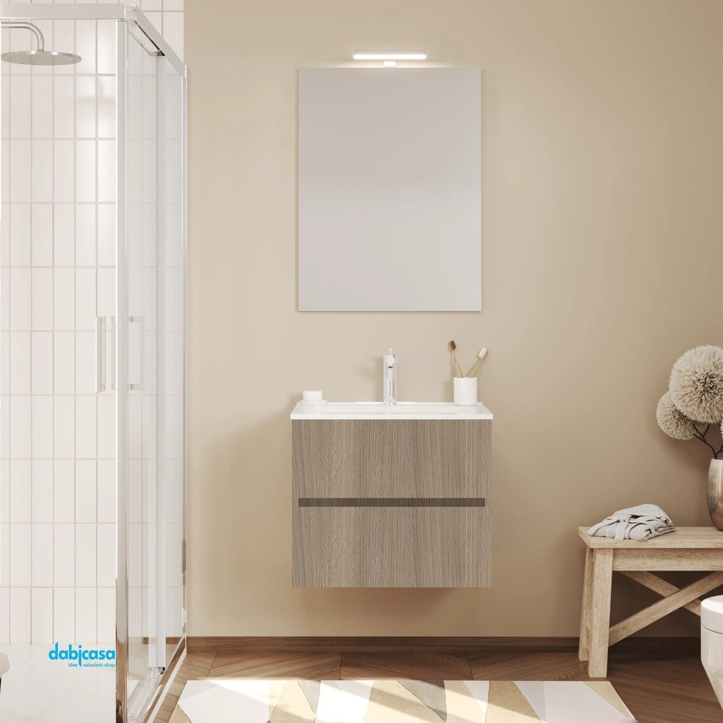 Mobile Bagno Sospeso "Easy" Da 60 Cm Composto Da Due Cassetti Lavabo E Specchio Con Lampada Led Finitura Rovere Fumo