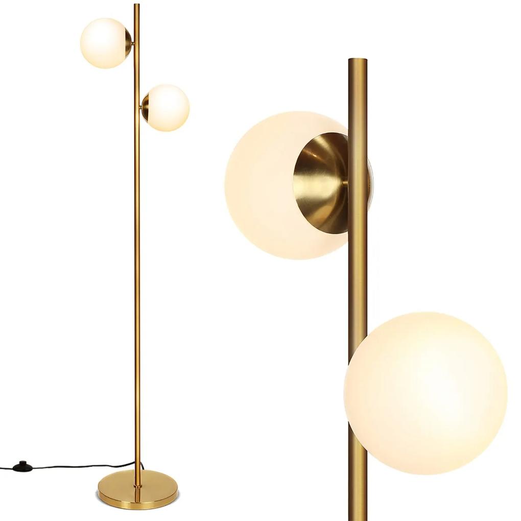 Costway Lampada da terra sferica con 2 luci da 12w 2 sfere in vetro opalino interruttore a pedale, Lampada da pavimento Oro