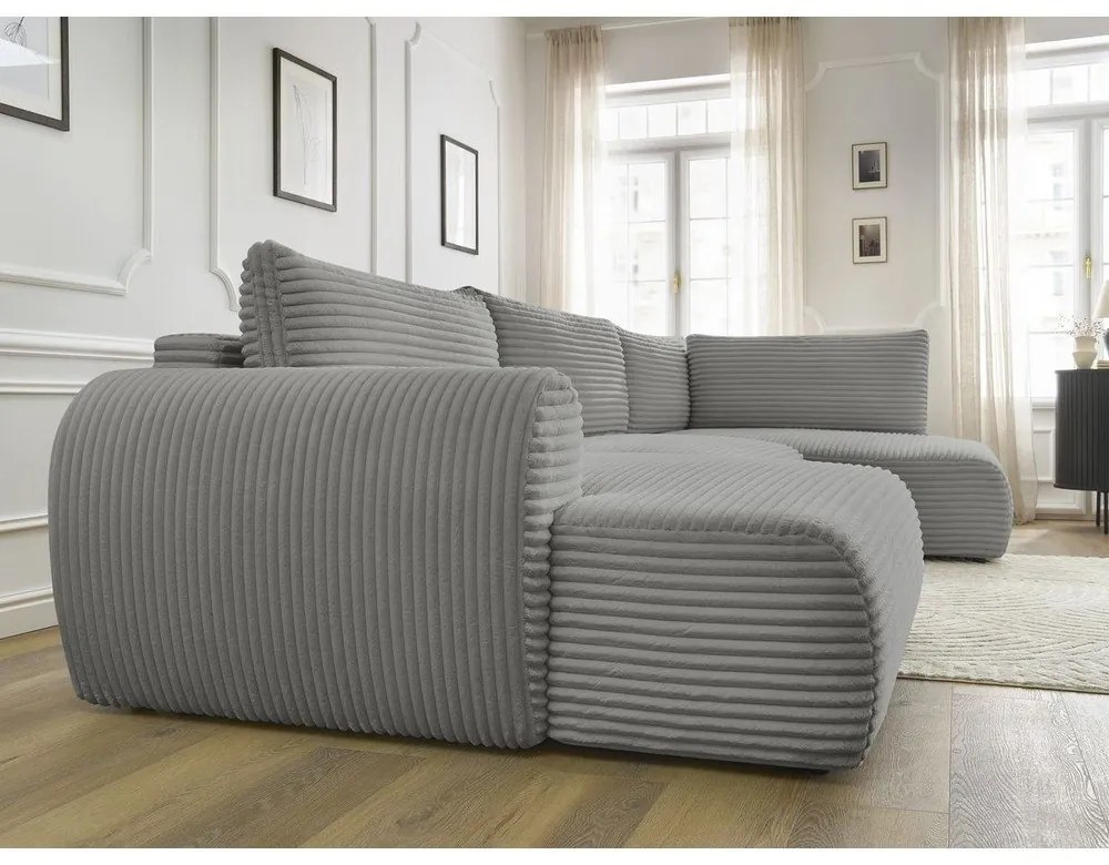 Divano angolare grigio scuro allungabile/con contenitore (con penisola a destra/a U) con rivestimento in velluto a coste Lucien – Bobochic Paris