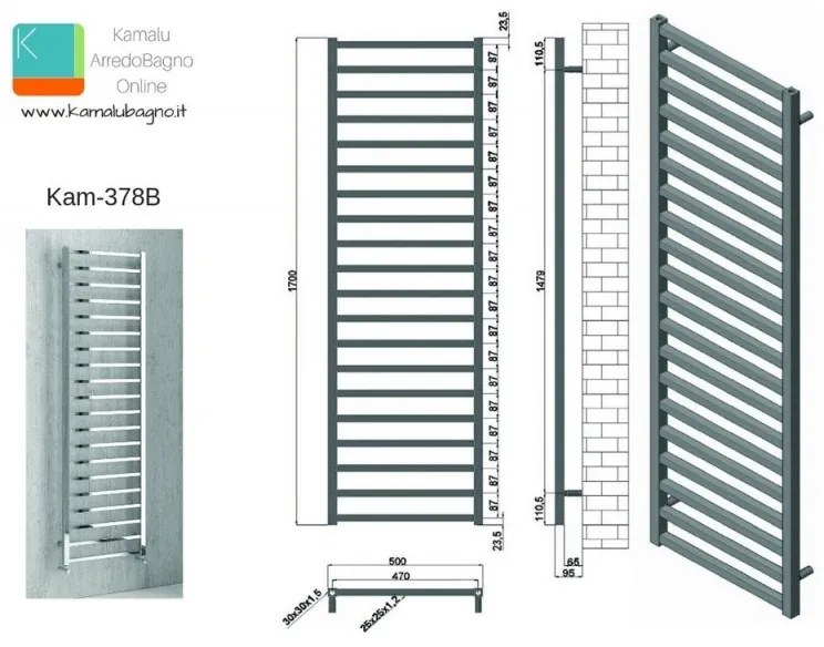 Kamalu - termoarredo bagno 1700x500m nero opaco modello kam-378n