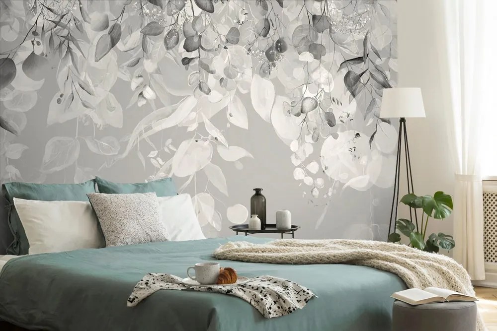 Carta da parati – Foglie Delicate in Abito Grigio