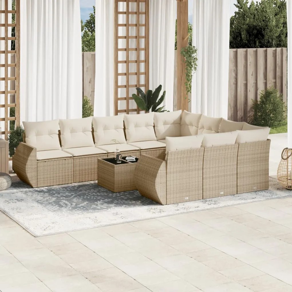 Set divani da giardino 11 pz con cuscini beige in polyrattan