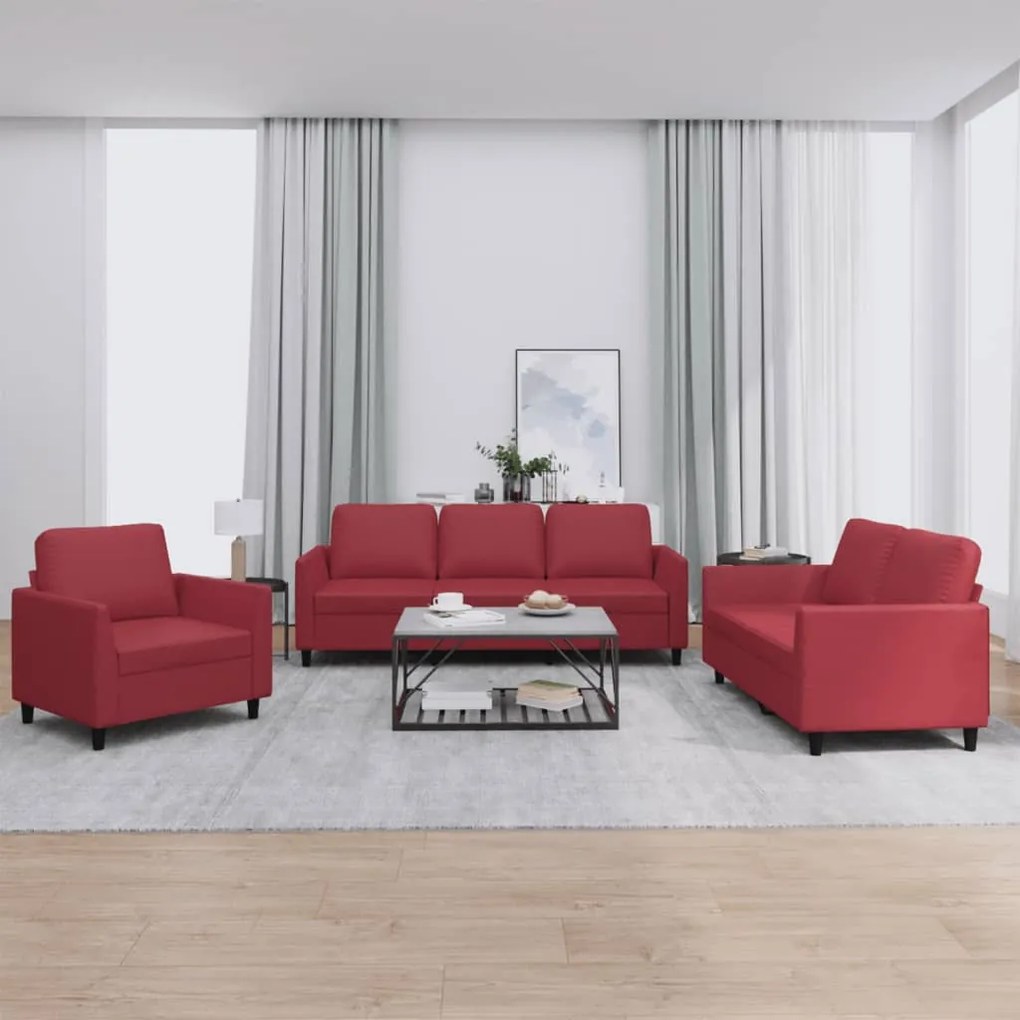 Set Di Divani 3 Pz Con Cuscini Rosso Vino İn Similpelle /