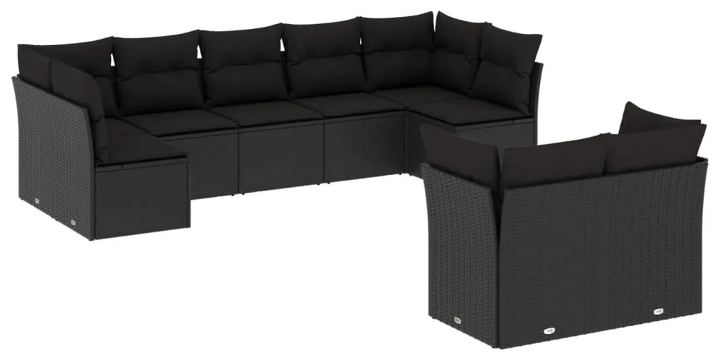 Set divani da giardino 9 pz con cuscini nero in polyrattan