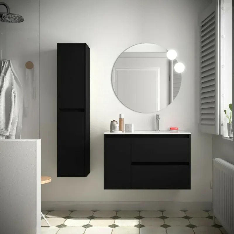 Mobile bagno sospeso 85 cm nero con lavabo un anta e specchio inclusi linea Gaya