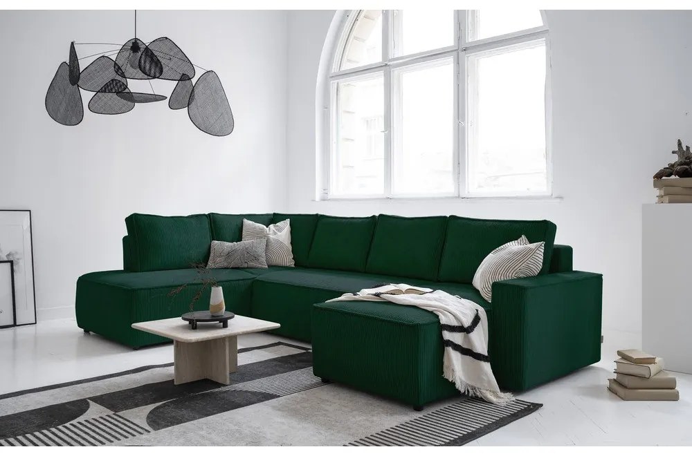 Divano letto angolare in velluto a coste verde scuro Brave Dave - Miuform