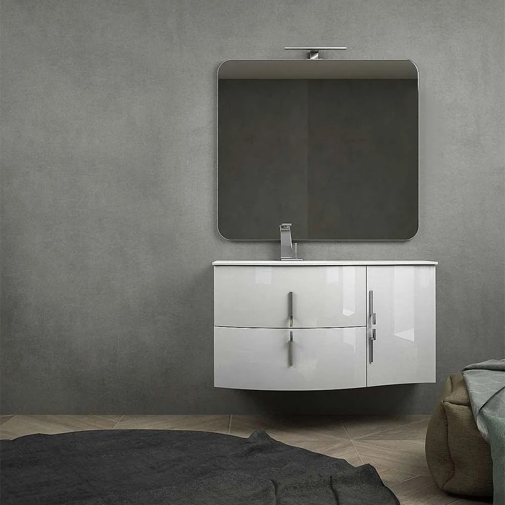 Mobile da Bagno Sospeso Praga 105 cm con Cassettoni, Lavabo e Specchio LED