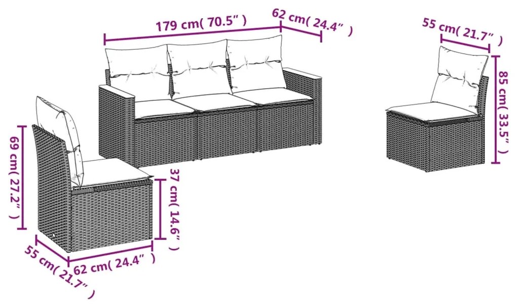 Set Divano da Giardino 5 pz con Cuscini Grigio in Polyrattan